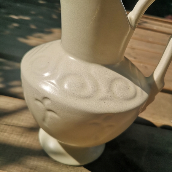 Ivory /Cream Porcelain Embossed 9" Pitcher / Art Pottery Vase With Handle - Picture 3 of 10